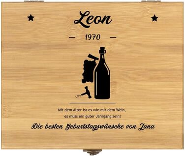 Maverton Personalized Wine Opener Set - Sommelier Set Gift Box - Wooden Box + 6-Piece Wine Accessory Set - Made of Bamboo - Brown - Birthday Gift for Men - (Birthday Wishes)