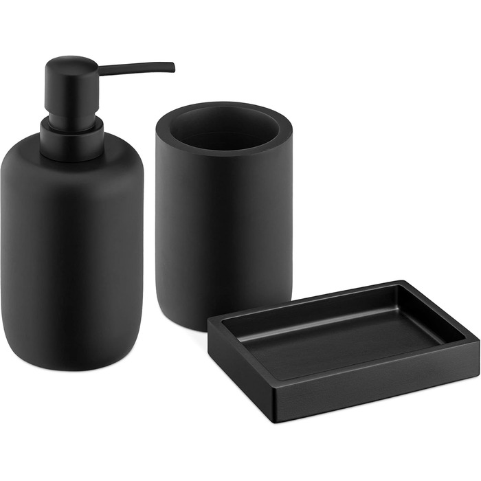 Набір для ванної кімнати Navaris чорний 3 шт. - дозатор мила, стакан для зубної пасти та мильниця. Декоративні аксесуари для ванної кімнати з штучної смоли, матове покриття.