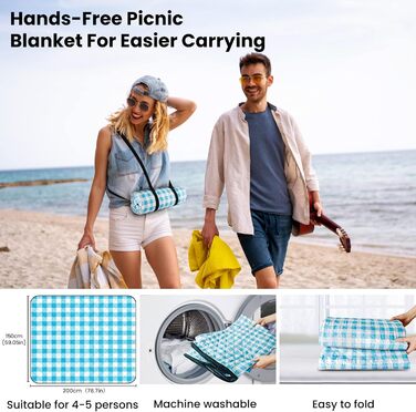 AOSTOK Плед для пікніка, пляжний килимок, вологостійкий з ручкою, 200x150 см, блакитний