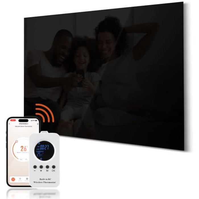 Інфрачервовий обігрівач Hocosyme зі скляною панеллю 600W з Wi-Fi керуванням (Tuya Smart), 100x60 см, з захистом від перегріву, чорний, сертифікат TÜV