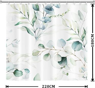 Штора для душу 120x200 см з евкаліптом, зелені листя, акварель, анти-грибок, водонепроникна, поліестер, з гачками для ванної кімнати