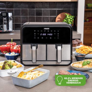 Princess Double Chamber Air Fryer with 2x4L Capacity – 62.2% Less Energy Consumption – Separate Temperatures for 2 Compartments – 8 Programs – 182074, 1700 Watts, 38.4 x 37.4 x 30.8 cm 2x4L Double Chamber Air Fryer Silver