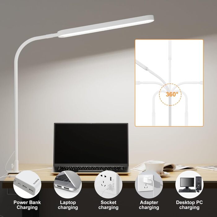 SKYLEO LED Desk Lamp with Adjustable Gooseneck - 80cm Height, 5 Color Modes, 11 Brightness Levels, Timer & Memory Function, 12W, Clamp-On Design