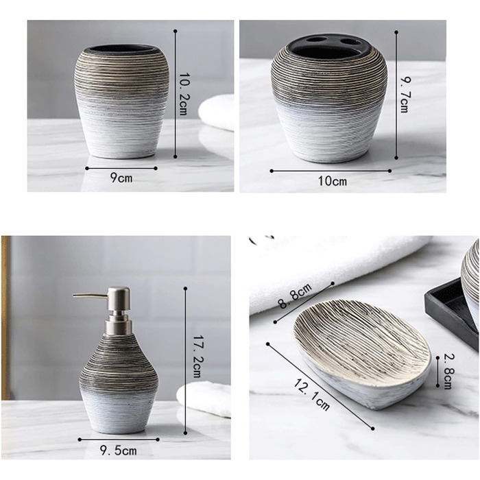 Набір аксесуарів для ванної кімнати в європейському стилі (5 шт.) з кераміки: дозатор для мила, тримач для зубних щіток, стакан, мильниця, сірники. Серія 'Retro', сірий, матовий.