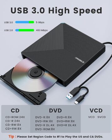 Зовнішній DVD-привід ORIGBELIE USB 3.0 та Type-C, портативний DVD-записувач для ноутбука та ПК