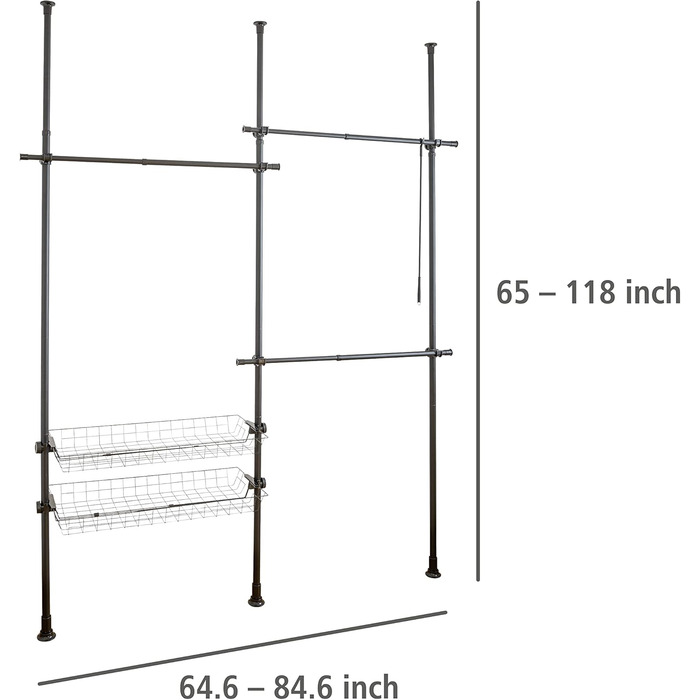 WENKO Telescopic System Hercules Duo, 3 Clothes Rails, 2 Storage Baskets, Extendable, Powder-Coated Metal, 164-215 x 165-300 x 38 cm, Matte Black