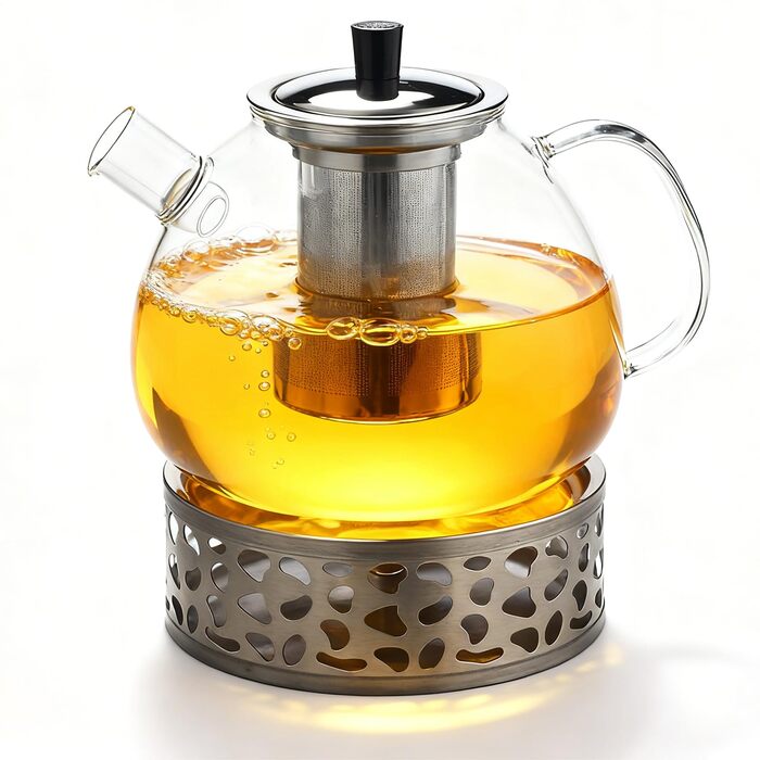Скляний чайник з боросилікатного скла 1.5л з ситечком, підставкою для підігріву та кришкою — термостійкий чайник для листового, фруктового та пакетованого чаю, придатний для посудомийки