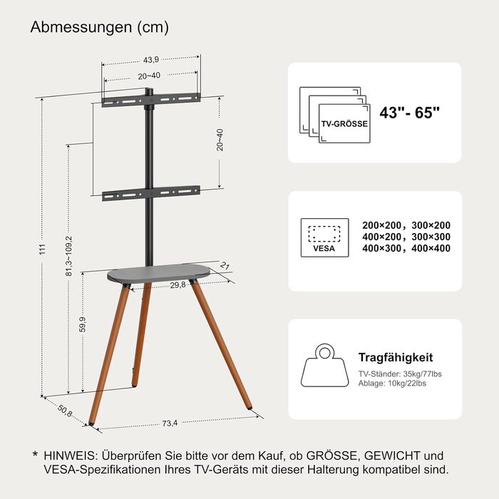 ECOTINY Adjustable TV Stand for 40-65 Inch LCD LED OLED TVs - Swivel & Height Adjustable, Portable Wood TV Stand with Wood Tray, VESA 400x400, Black Walnut & White Finish