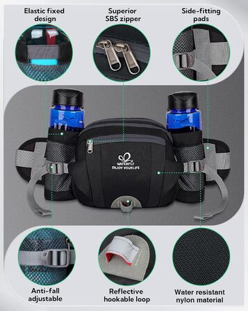 Водонепроникна поясна сумка Waterfly з тримачем для пляшки, регульованим ременем, кишенею для телефону, для туризму, подорожей, кемпінгу, чорна