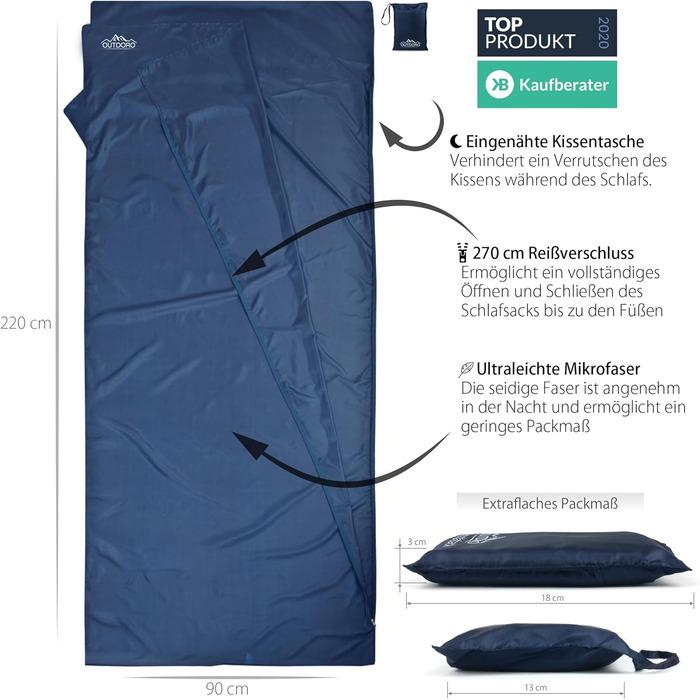 Outdoro Sleeping Bag, Ultra-Light Travel Sleeping Bag, only 230g made of Microfiber, thin & small, Liner, Travel Sheet
