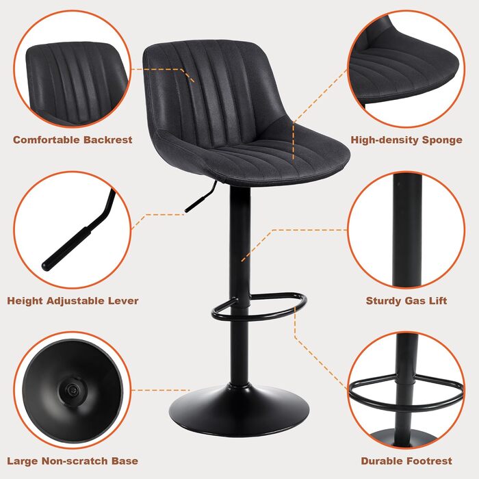 Youhauchair Adjustable Swivel Bar Stools with Backrest - PU Leather, Modern Kitchen Bar Stools (2-Pack, Black)