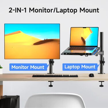 Suptek Adjustable Monitor Arm with Laptop Holder - Full Range Motion for 13-27 inch Screens (40cm Pole)