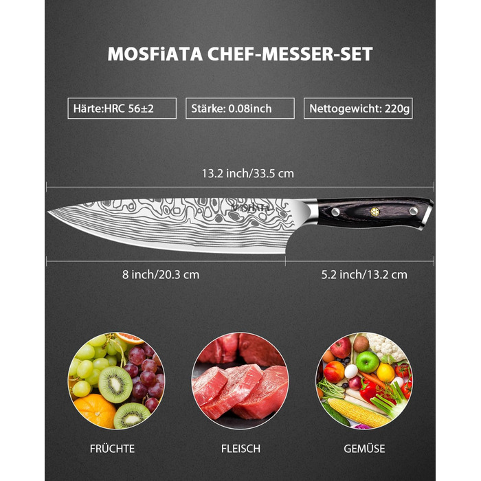 MOSFiATA Кухонний ніж для м'яса 20см з нержавіючої сталі EN.4116, професійний, з захистом пальця та точилкою в подарунковій коробці