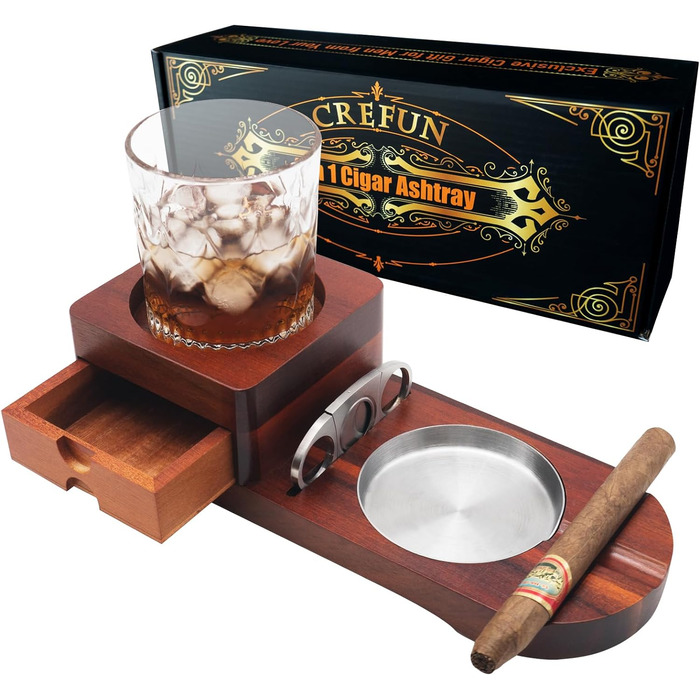 Wood Cigarette Ashtray Whiskey Coasters - Crefun CK2631 cigar accessories for men Whiskey cigar gift set, with removable ashtray drawer, cigar cutter and 2 cigar holders with drawer