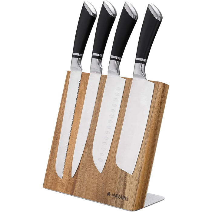Navaris Magnetic Knife Holder from Acacia Wood 23x22.5x12cm - Magnetic Knife Block Knife Board Wood Magnet Holder - Knife Holder Unfilled Brown