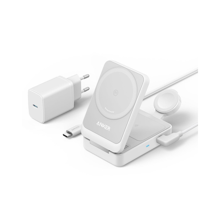 Anker MagGo 3-в-1 Бездротова Зарядна Станція Qi2 15W, Сумісна з MagSafe, для iPhone 17/16/15/14, Apple Watch 9, AirPods (з USB-C адаптером 40W) - Біла