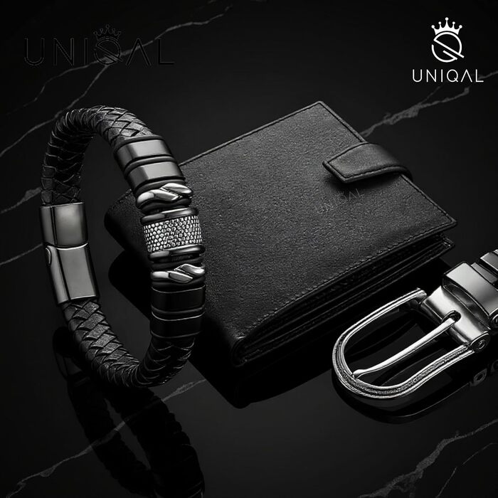 Чоловічий шкіряний браслет UNIQAL 'Premium Style' Mamba Black 23 см з нержавіючої сталі + Подарункова коробка