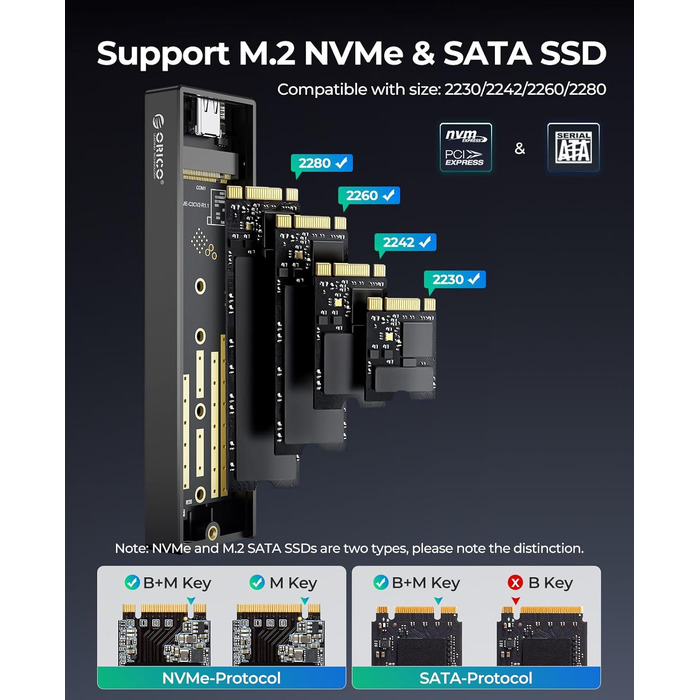 Зовнішній корпус-адаптер ORICO M.2 NVMe SSD USB-C 3.2 Gen2 10Gbps для PCIe NVMe M-Key/M+B Key (2230/2242/2260/2280), підтримка UASP, M-2PV