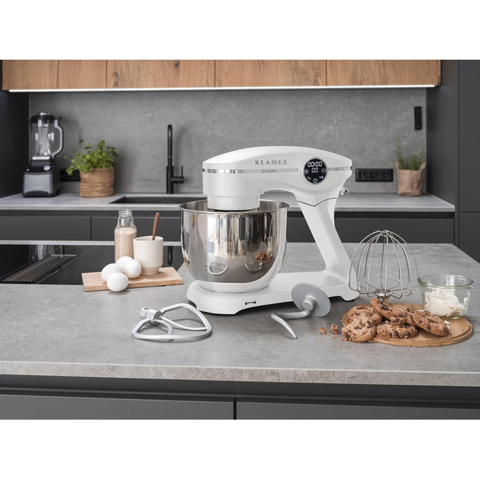 KLAMER 1800W Stand Mixer - Stainless Steel Bowl 6L, 10 Speed Settings, Timer, Planetary Mixing, Dough Hook, Whisk & Beater - White