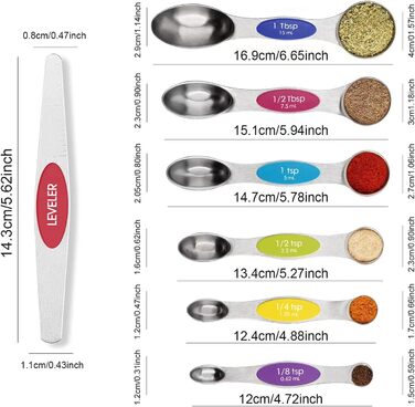 Multicolor magnetic measuring spoon set with leveler, stainless steel, stackable, fits spice jars – for baking and kitchen use