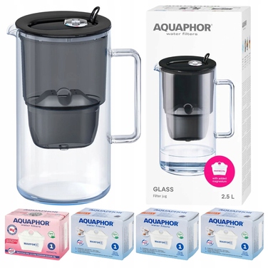 Скляний фільтр-кувшин Aquaphor Glass, чорний + 4 фільтри Maxfor (1Mg + 3)