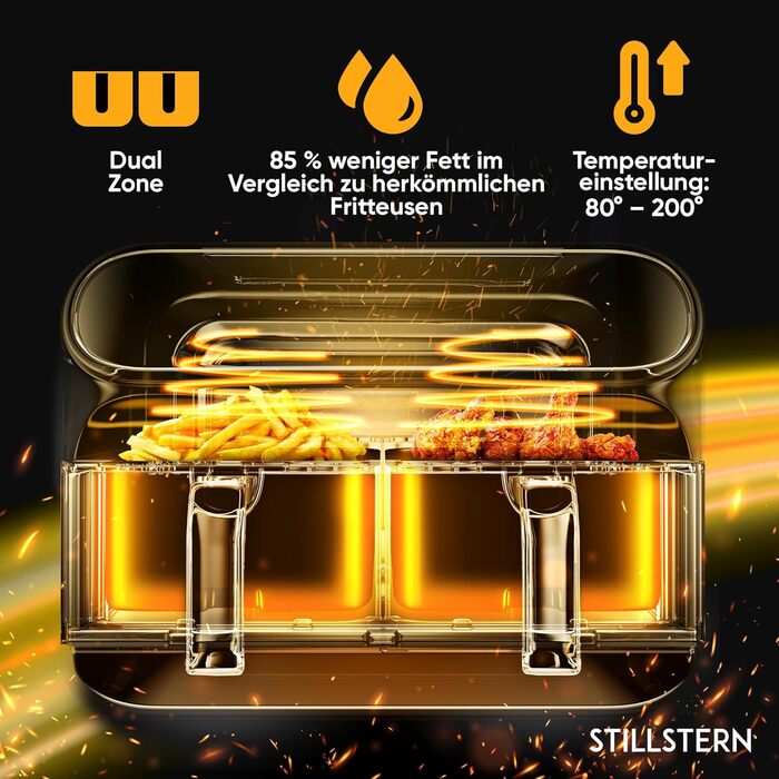 Аерофритюрниця Stillstern Dual Zone 8 л, 2400 Вт, 8 програм, технологія HeatingFlow, чорна, для 1-8 осіб, дегідратор, розморожування, підтримка тепла, Shake-функція, 120 рецептів німецькою