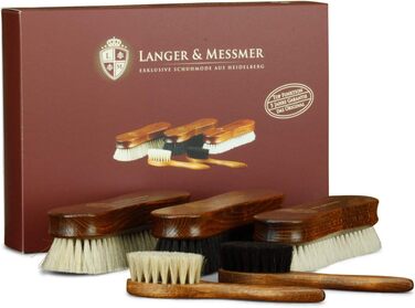 Langer & Messmer 4-Piece Shoe Brush Set made of Horsehair for professional shoe care of smooth leather shoes - includes polishing brushes and cream brushes (5-piece set, Premium)