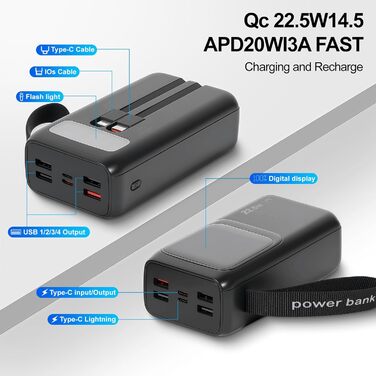 Power Bank 60000mAh 22.5W з LED-ліхтариком та вбудованим кабелем. Швидка зарядка USB-C, сумісний з iPhone, iPad, планшетами. Чорний