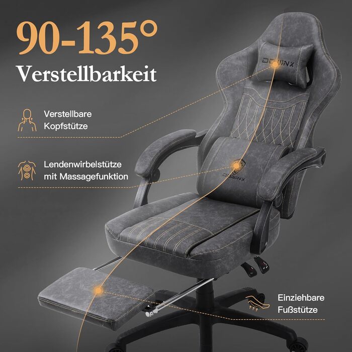 Ігровий крісло Dowinx з підголівником та масажем попереку, ергономічний геймерський крісло з підніжкою, офісне крісло з PU шкіри (Сірий)