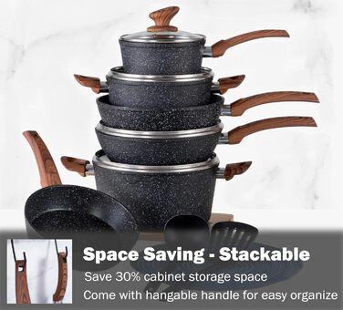 Набір каструль з нержавіючої сталі 12 шт. з кришками з термостійкого скла, гранітне покриття, чорний, ебенholz