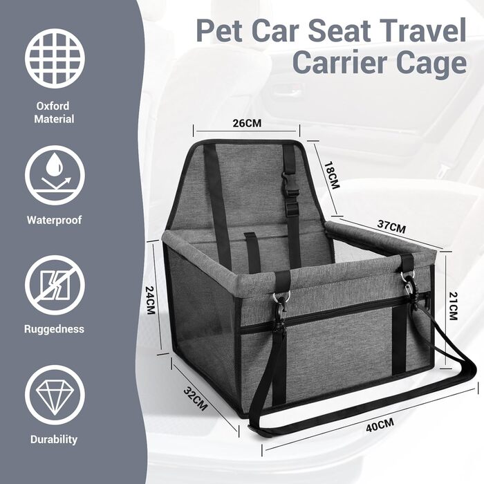 Автокрісло для собак на заднє сидіння, Oxford, дихаючий матеріал, миється, для собак маленьких та середніх порід, темно-сірий