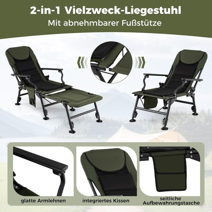 Крісло розкладне Costway Angelstuhl з підставкою для ніг, регульованою спинкою та високою подушкою, для кемпінгу, риболовлі та відпочинку