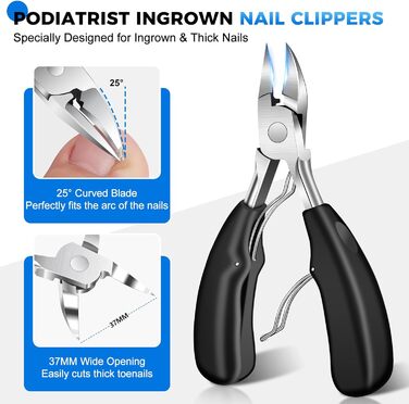 Кусачки для нігтів для літніх людей з широкими щелепами та довгою ручкою, кусачки для кутикули з кутовою головкою, для товстих нігтів, з контейнером для збору обрізків, подарунковий набір для чоловіків та жінок, чорні