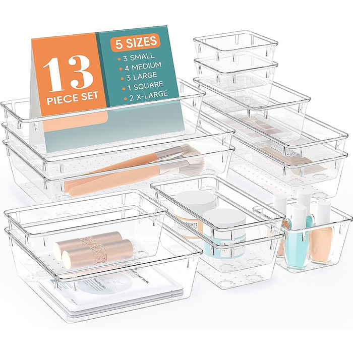 WOWBOX 4-Piece Plastic Drawer Organizer Set, 4 Sizes, Desk Drawer Dividers, Organizer and Storage Containers for Makeup, Jewelry, Bathroom, Office (Transparent, 13)