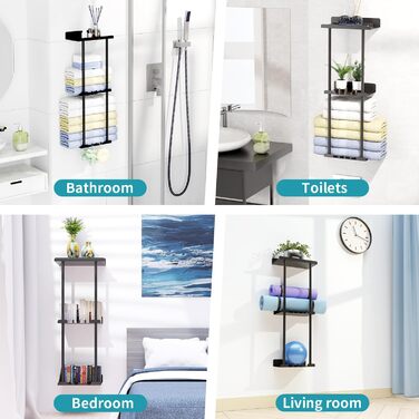 Тримач для рушників без свердління, чорний, з 6 гачками та полицею для ванної кімнати та кухні