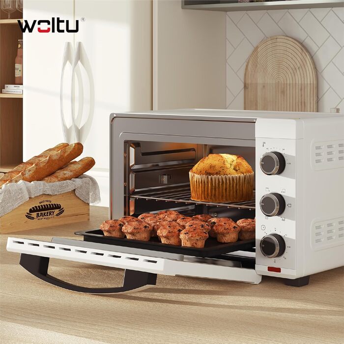 Міні-піч WOLTU 32 л, 1600 Вт, регулювання температури до 230°C, таймер, 5 режимів нагріву, з подвійним склом, з поворотним шампуром, деко, решітка-гриль, лоток для крихт, підйомник крихт, білий