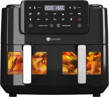 Аерофритюрниця LLIVEKIT Dual Zone 9 л з оглядовим вікном, без олії, 9-в-1, дві шухляди, сенсорне керування, таймер, смарт-функції, здорова фритюрниця, чорна