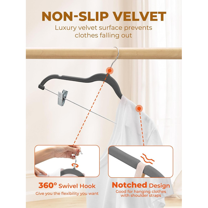 Вешалки для одягу з велюру HOUSE DAY, 24 шт. з кліпсами, ультратонкі, неслизькі, економія місця (сірі)