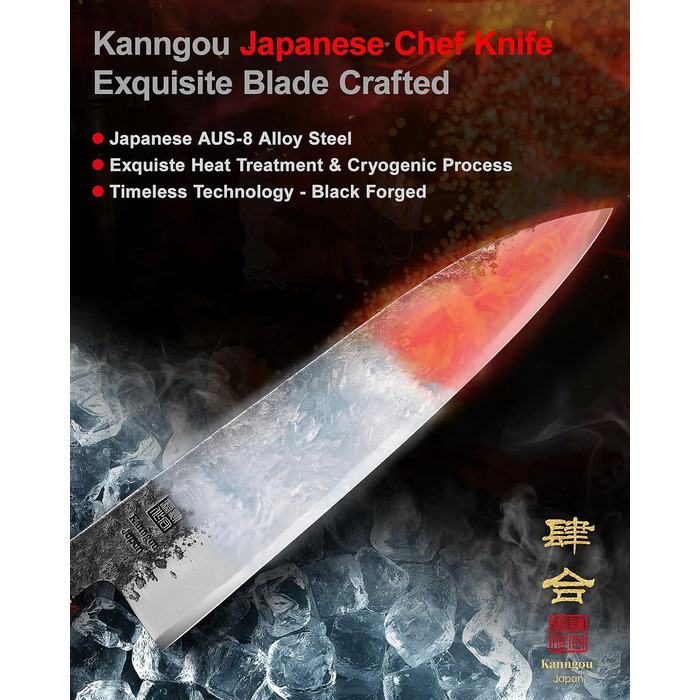 Японський ніж Gyuto Kanngou 21 см, AUS-8 сталь, дерев'яна рукоятка (дуб/чорне дерево), подарункова коробка