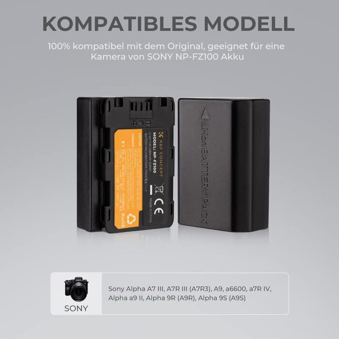 Запасний акумулятор K&F Concept NP-FZ100 (2 шт.) 2280mAh з USB зарядним пристроєм для камер Sony Alpha 9, A9R, A9S, A7RIII, A7 III, A7RIV, ZV-E10ii