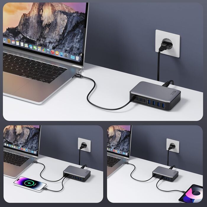 Зарядний пристрій Feob 200W USB-C GaN III 8-Port з PPS PD 65W для MacBook, iPhone, Steam Deck, смартфонів - Чорний