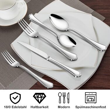 Herogo Cutlery Set for 6 People, 36-Piece Stainless Steel Cutlery Set with Steak Knives, Polished Eating Cutlery Set with Fork, Knife, Spoon for Home Restaurant, Dishwasher Safe (Modern)