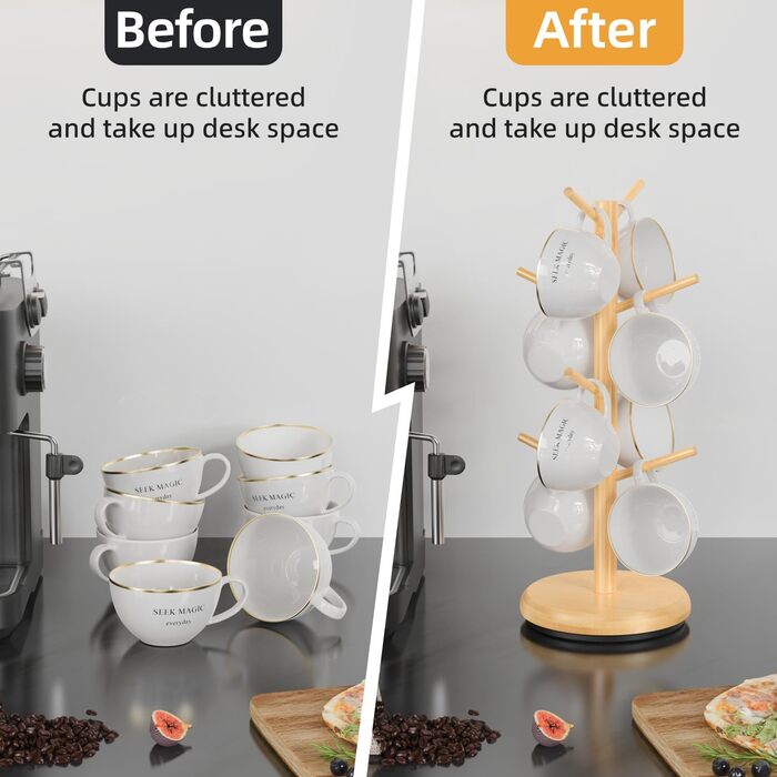 BAMBANG Bamboo Coffee Mug Tree, Swivel Coffee Mug Holder for Countertop, Coffee Mug Shelf with 8 Hooks, Coffee Mug Organizer, Mug Stand Hanger for Coffee Bar, (Natural)