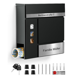 Поштовий ящик Anthrazit з гравіюванням, персоналізований, нержавіюча сталь, з відділенням для газет та замком (2 ключі) | Поштовий ящик з іменним шильдиком та номером будинку