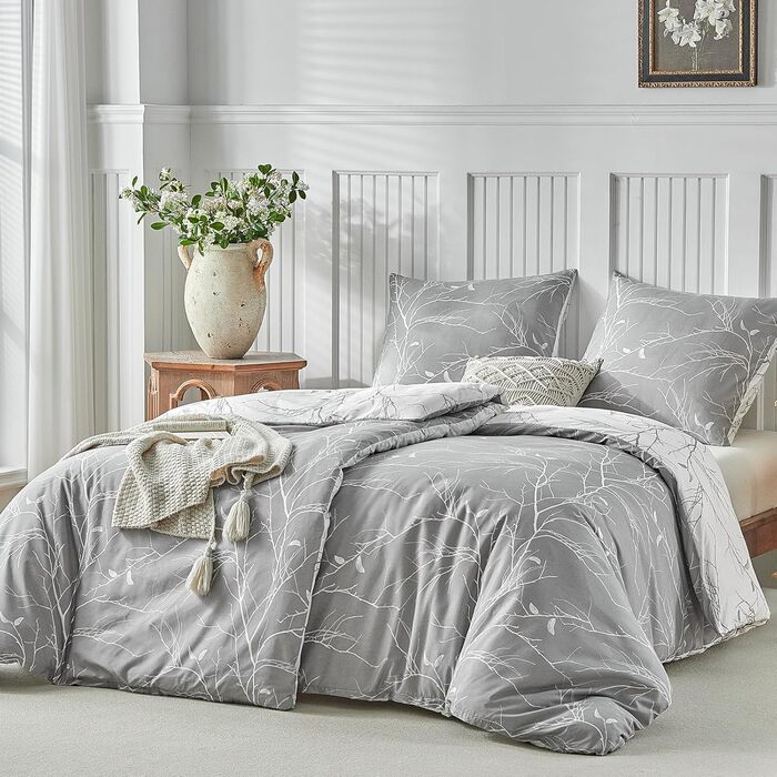 Постільна ковдра Lekesky 135x200 4-х частинна - 2 наволочки 135x200 см + 2 наволочки 80x80 см, квітковий принт, сірий поліестер мікрофібра з блискавкою, гілки сірий/білий
