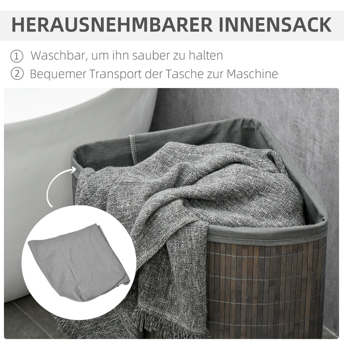 HOMCOM Rectangular Bamboo Laundry Basket 55L with Lid and Removable Bag 38 x 38 x 57 cm Grey | Aosom