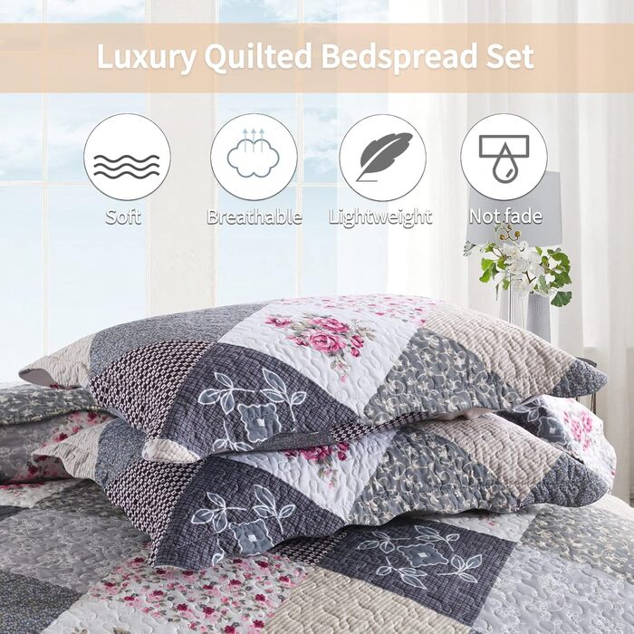 Tagesdecke Qucover для двоспального ліжка 220x240 см, стеганий комплект з подушками, квітковий принт, фіолетовий колір