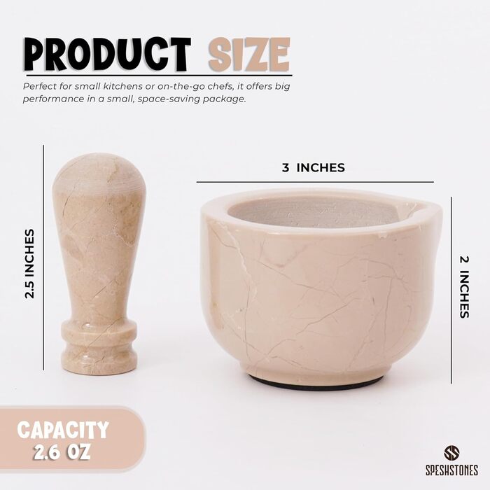 Набір мармурового ступки та пестика, 7,6 см, ручної роботи, для спецій, кухні та декору, подрібнювач для трав, млин для спецій (Verona, Small)