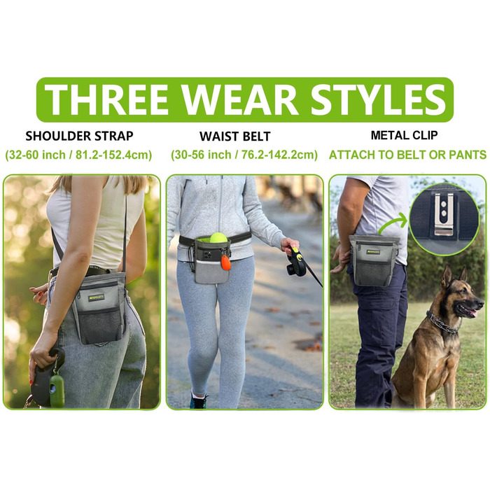 Лекарства для собак – сумка-лейкоріз для собак з кількома кишенями, диспенсер для пакетів для екскрементів і кишеня для телефону, 3 варіанти носіння – ідеальний мішок для корму для собак, тренування та прогулянки, сірий, магнітна застібка