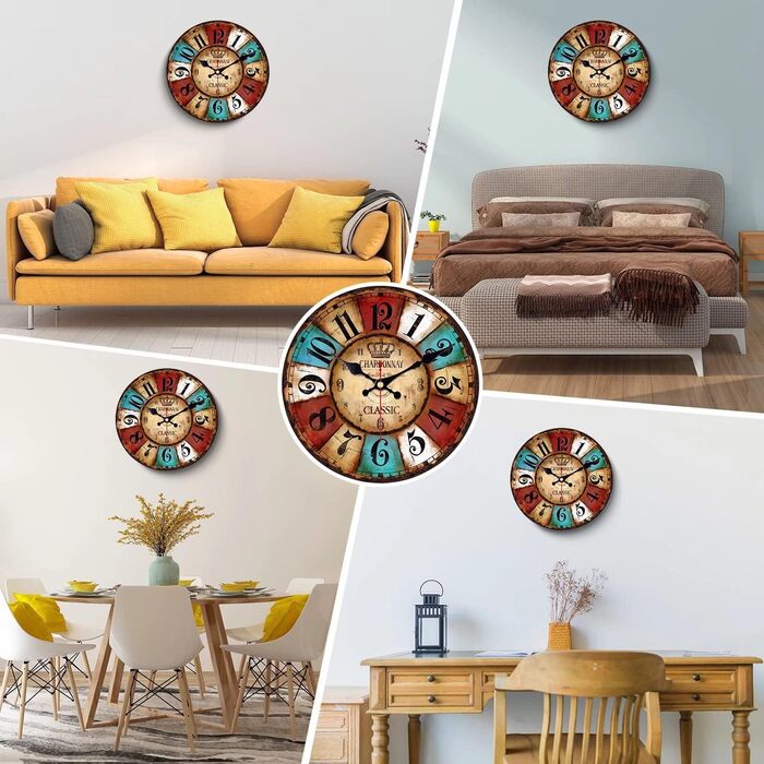 VIKMARI Quartz Wall Clock Wood Silent Hanging Clock, Battery-Powered Round Rustic Clock, Easy to Read Vintage Interior Wall Clock |Colorful Arabic Numerals|14